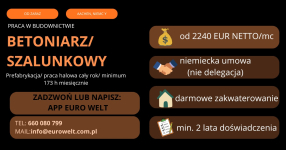 Niemcy/Betoniarz/Prefabrykacja/Od 2240 Eur netto